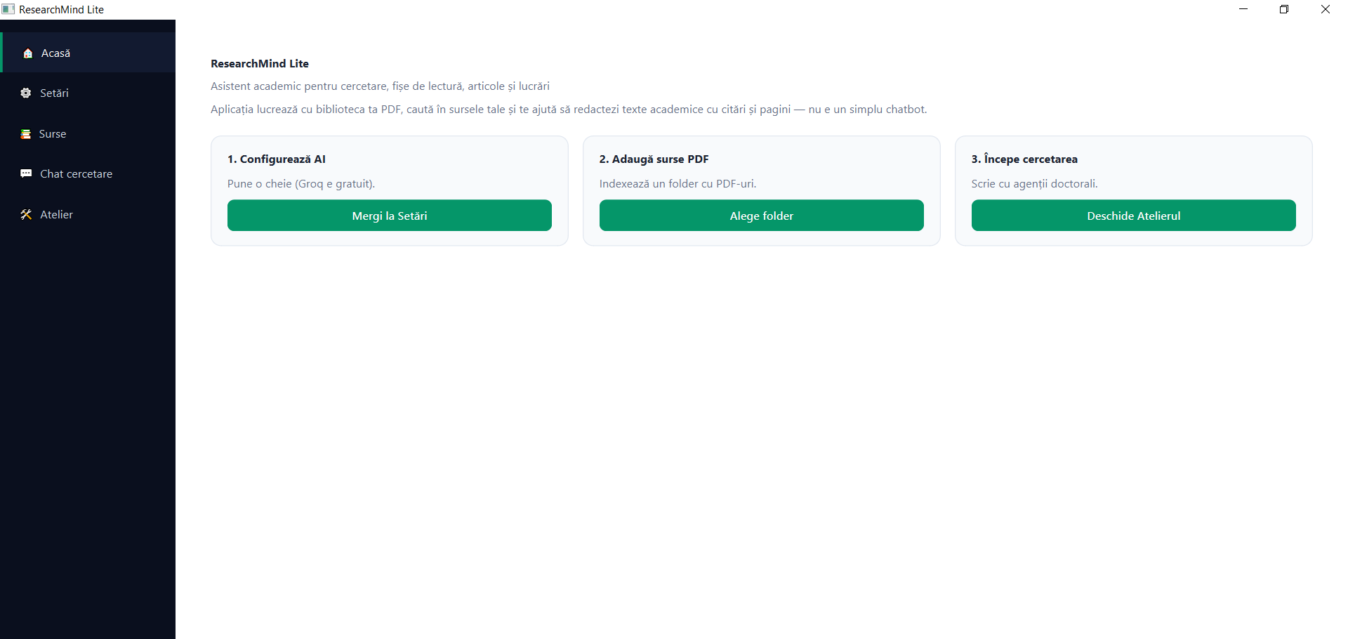 ResearchMind Lite — ecranul principal: configurare, surse, atelier
