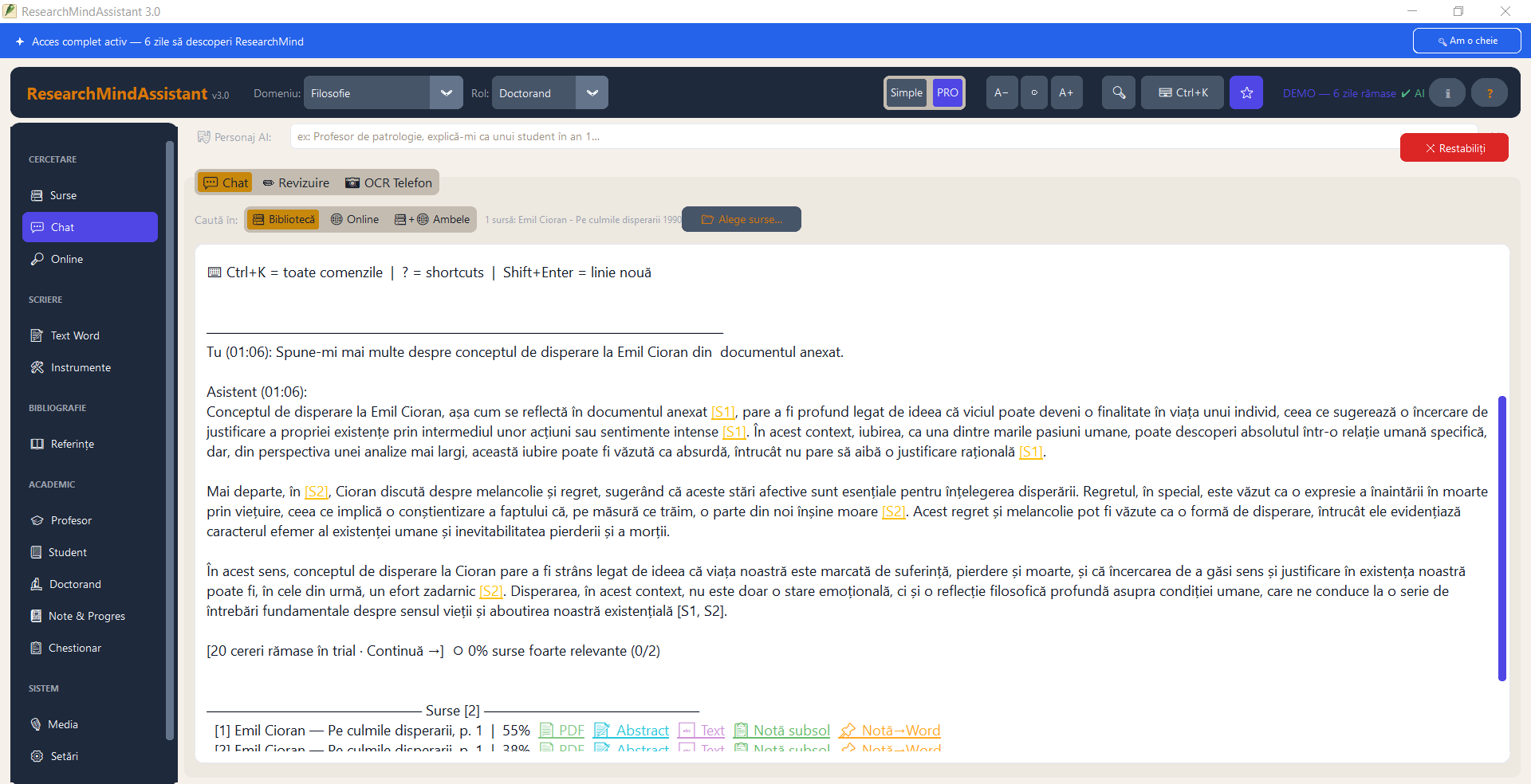 ResearchMind AI — răspuns AI cu citare și pagina exactă din PDF